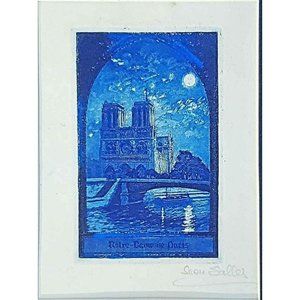 Notre-Dame de Paris Original Blue Etching Signed in Pencil by Leon Salles